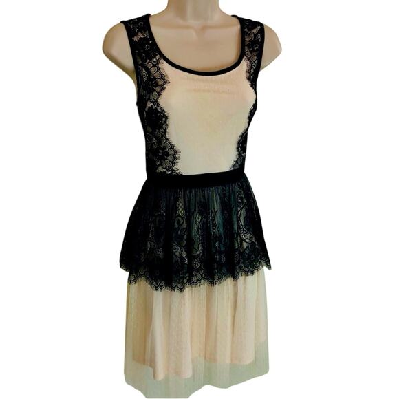 A'Reve Romantic Blush Pink and Black Lace Fit & Flare Dress Fully Lined Back Zip - Picture 1 of 16